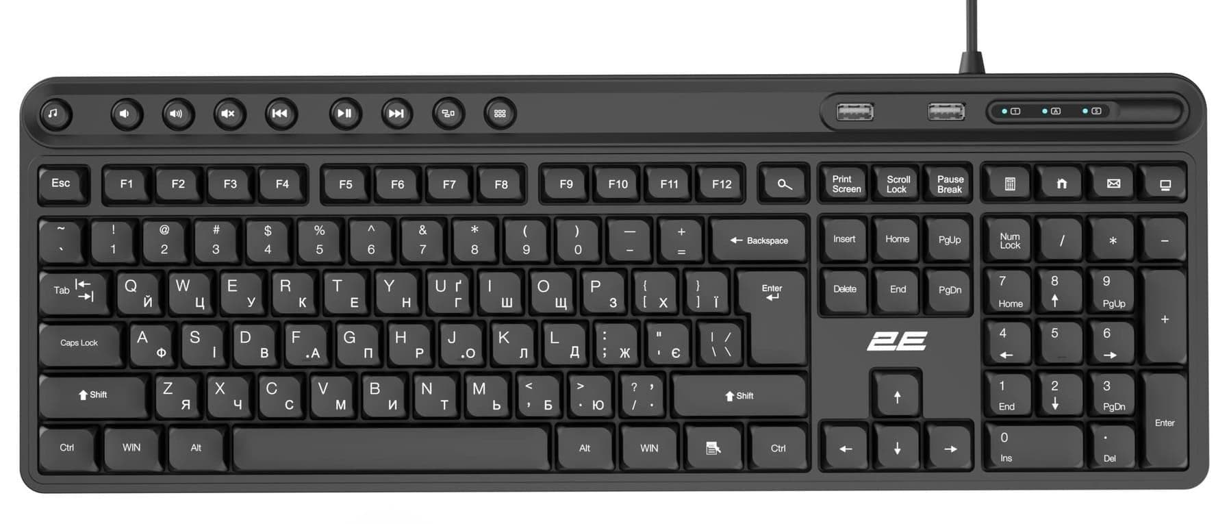 Клавіатура 2E KS1100 104key 2xUSB HUB EN/UK Black